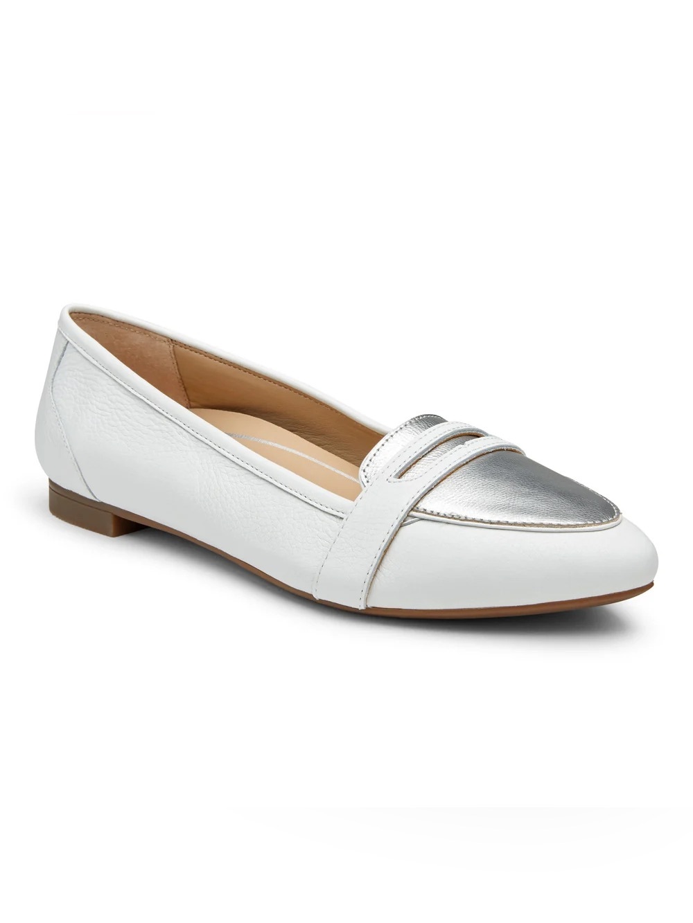 Vionic White & Metallic Silver Leather Savannah Preppy Pointed Penny Loafer 7.5